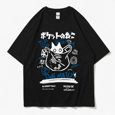 Urban Y2K Black & Blue / XS Japanese Cat Graphic Tee