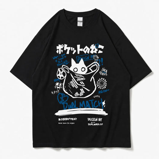 Urban Y2K Black & Blue / XS Japanese Cat Graphic Tee