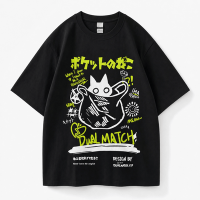Urban Y2K Black & Green / XS Japanese Cat Graphic Tee