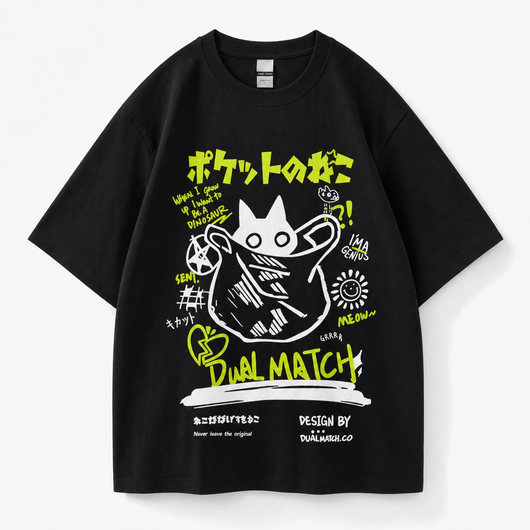 Urban Y2K Black & Green / XS Japanese Cat Graphic Tee