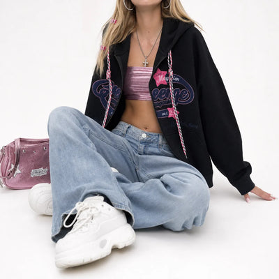 Urban Y2K Embroidered Casual Zip Hoodie