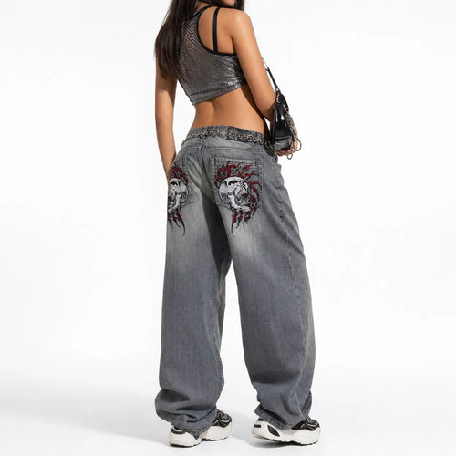 Embroidered Jeans Skull Grunge