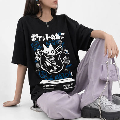 Urban Y2K Japanese Cat Graphic Tee