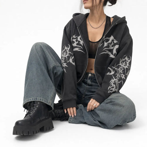 Oversized Hoodie Flame Graphic