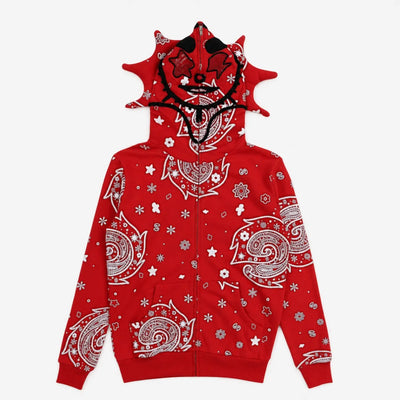 Urban Y2K Red Pattern / XS Bandana Print Zip Hoodie