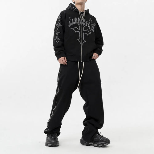 Rhinestone Cross Embroidered Hoodie