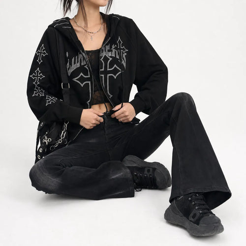 Rhinestone Cross Embroidered Hoodie