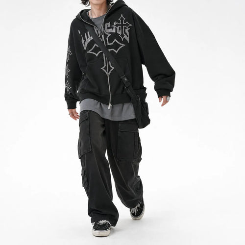 Rhinestone Cross Embroidered Hoodie