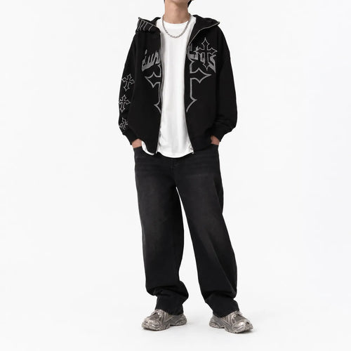 Rhinestone Cross Embroidered Hoodie