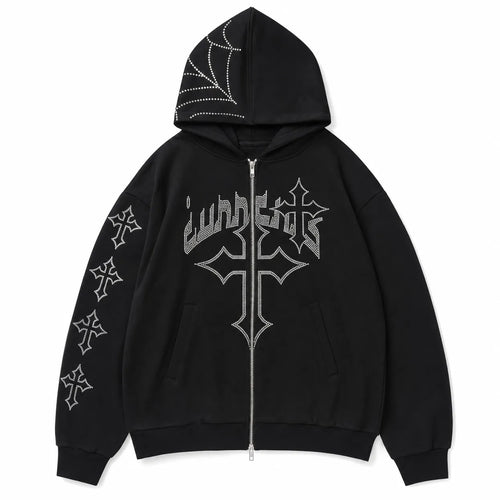Rhinestone Cross Embroidered Hoodie